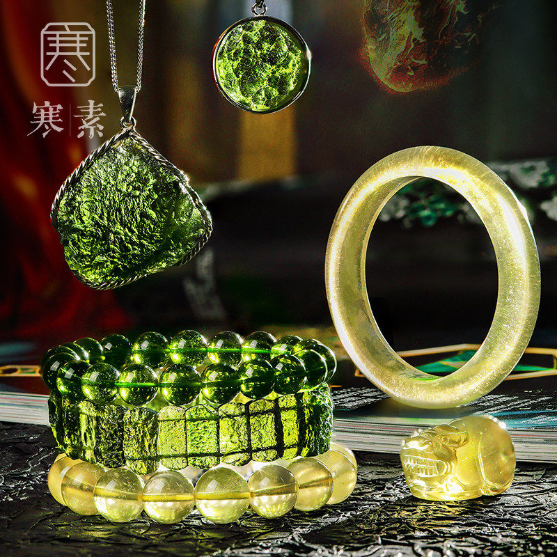 ハンス産天然リビア産ゴールドガラス隕石原石チェコ隕石ペンダント、緑と黄色のブレスレット