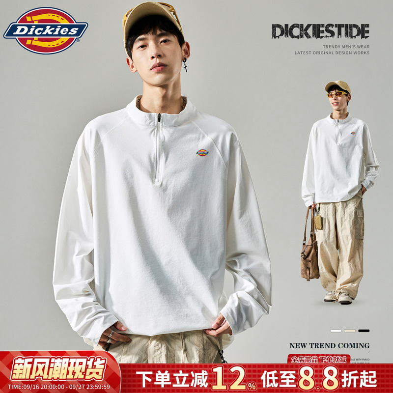 Dickies White T-Shirt for Men, Autumn Thin Style, American Raglan Sleeve Top, Loose Half-Zip Men's Long Sleeve Dickies White T-Shirt for Men, Autumn Thin Style, American Raglan Sleeve Top, Loose Half-Zip Men's Long Sleeve