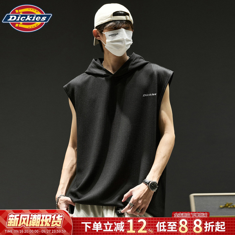 Dickies Waffle Knit Hooded Vest for Men, Summer Loose Sleeveless Tank Top, Youth Sports Breathable Top