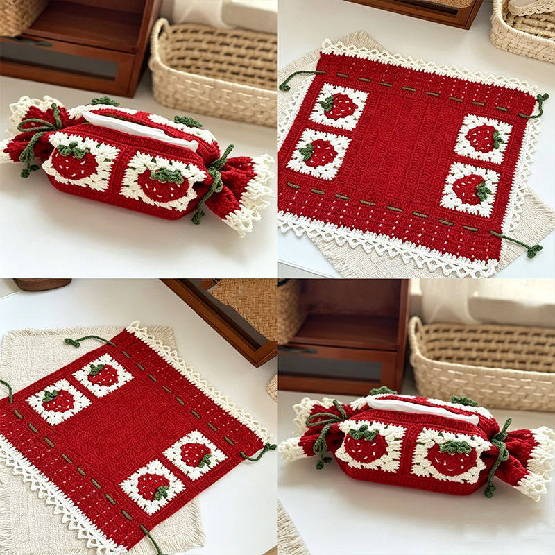 Yarn Hand-Knitted Strawberry Granny Square Tissue Box Crochet DIY Material Kit Gift to Pass the Time