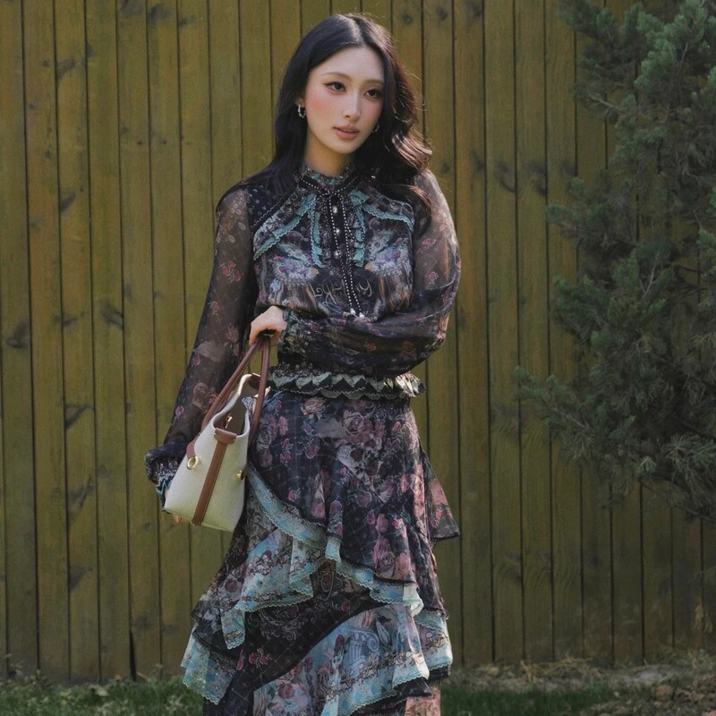 In Stock Lulu 2026 Summer New Vintage Court-Style Black Chiffon Printed Long-Sleeve Ruffled Irregular Suit In Stock Lulu 2026 Summer New Vintage Court-Style Black Chiffon Printed Long-Sleeve Ruffled Irregular Suit