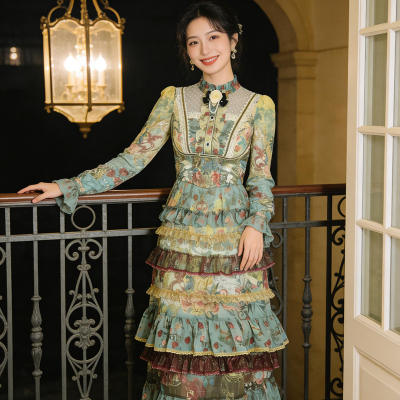 In-Stock Lulu 2026 Spring New Vintage Style Printed Dress for Women, Long-Sleeve Stand Collar Tiered Dress, Waist-Cinching Long Dress