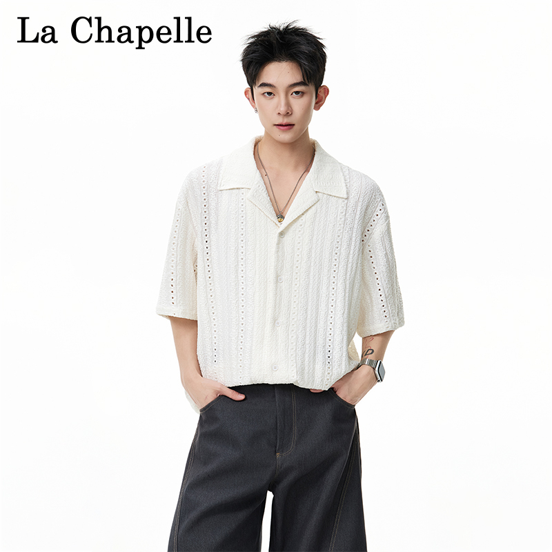 La Chapelle Old Money Style Hollow Out Cuban Collar Short Sleeve Shirt for Men and Women, Summer High-End Loose Fit T-Shirt with Half Sleeves