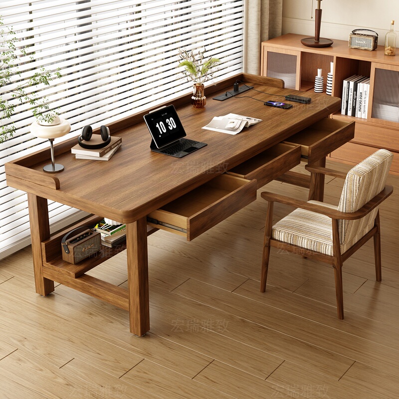 Solid Wood Desk with Drawers, Edge Protection, Computer Desk, Office Study Desk, Partition, Home Sofa Back Long Table, Pure Solid Wood