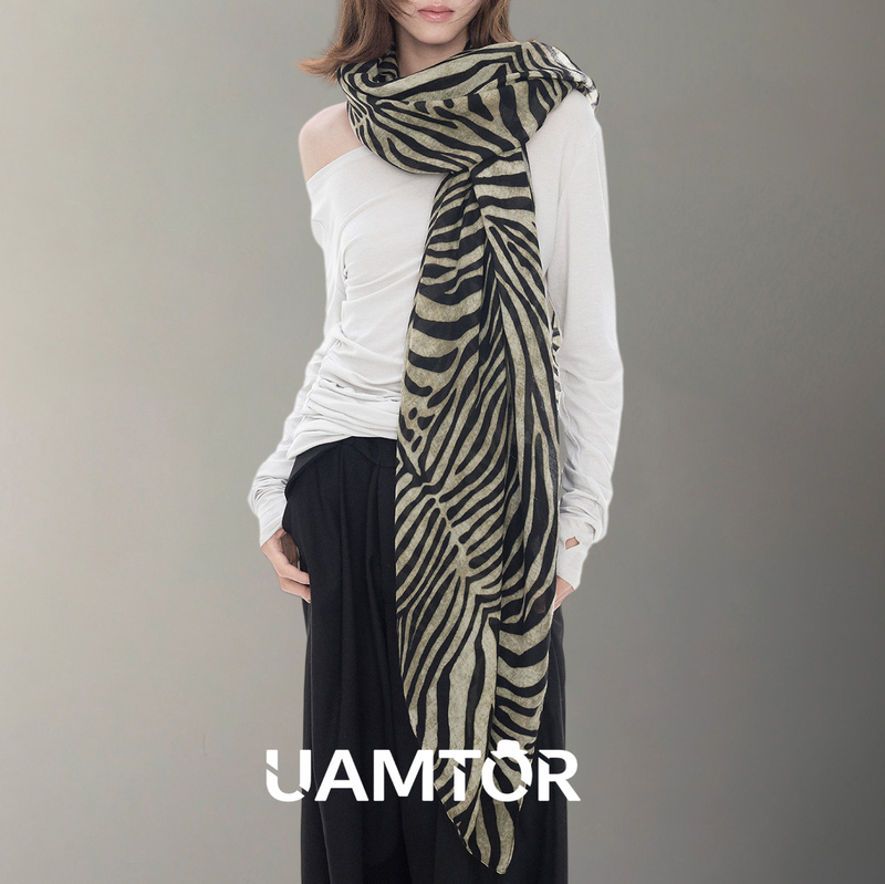 Uamtor「Original」Retro Zebra Pattern Thin Scarf Silk Scarf Fashionable Versatile Shawl Large Square Scarf for Women Autumn