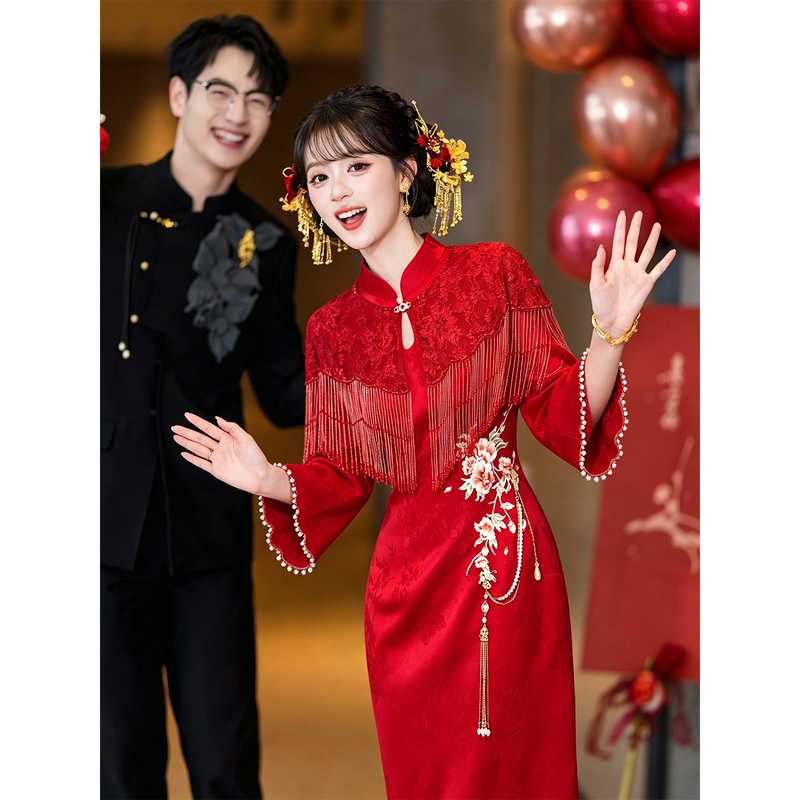 New Chinese-Style Cheongsam Toast Dress, Autumn Long-Sleeved Morning Gown for Women, Bride's Engagement Wedding Dress, Homecoming Casual Wear New Chinese-Style Cheongsam Toast Dress, Autumn Long-Sleeved Morning Gown for Women, Bride's Engagement Wedding Dress, Homecoming Casual Wear