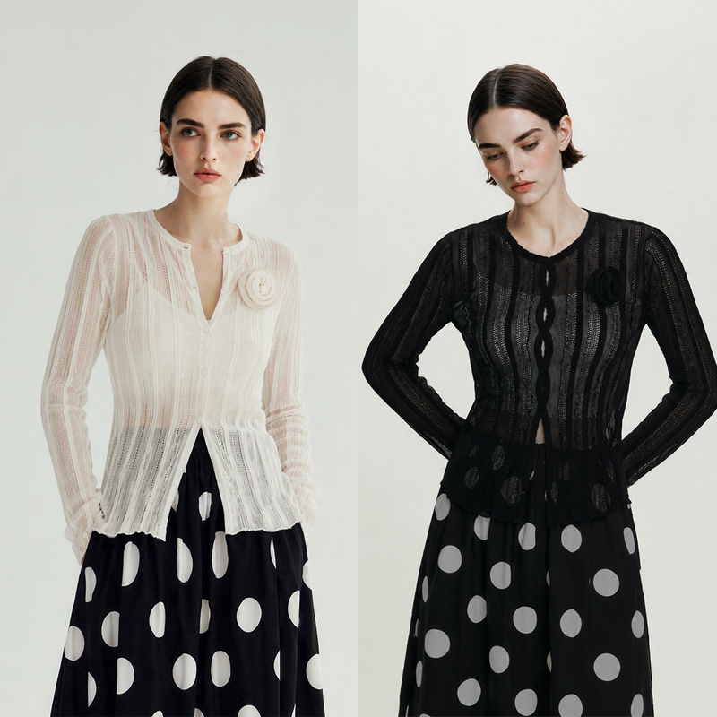 Thebay【Black and White Keys】The Beauty of Fabric Wool Vertical Stripes Hollow Texture Slim Fit Long Sleeve Knitted Cardigan for Women