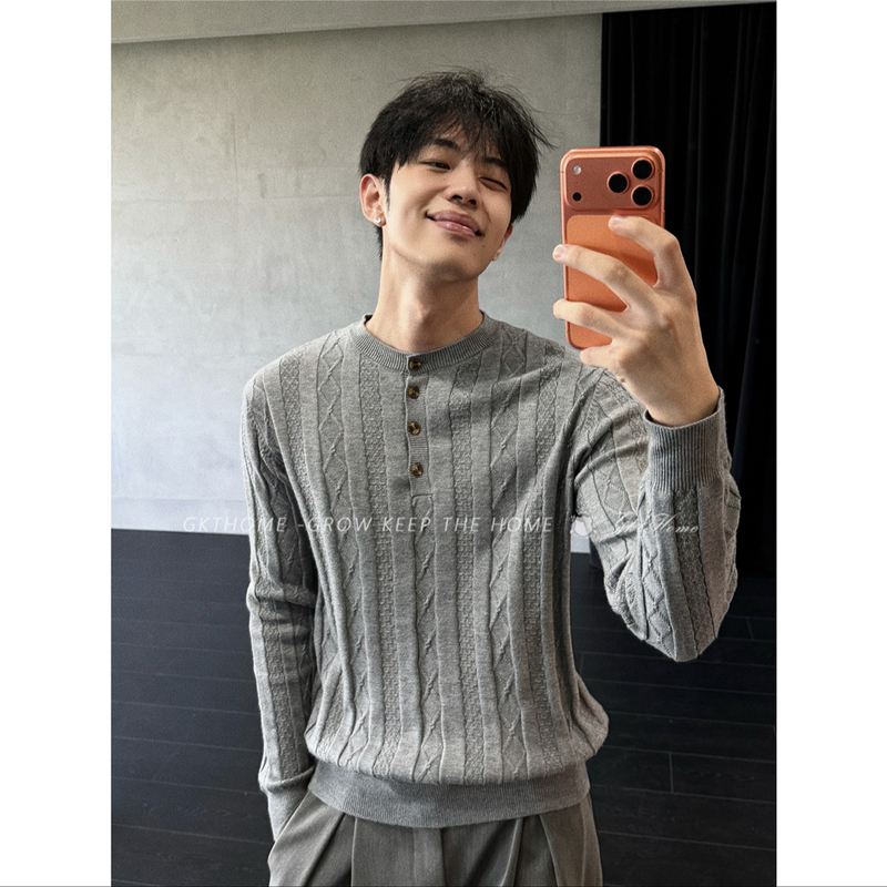 Gkthome Old Money Style Retro Cable Knit Design Henry Collar Sweater with Slightly Dropped Shoulders, Autumn and Winter Base Layer Long-Sleeve Knitwear Gkthome Old Money Style Retro Cable Knit Design Henry Collar Sweater with Slightly Dropped Shoulders, Autumn and Winter Base Layer Long-Sleeve Knitwear