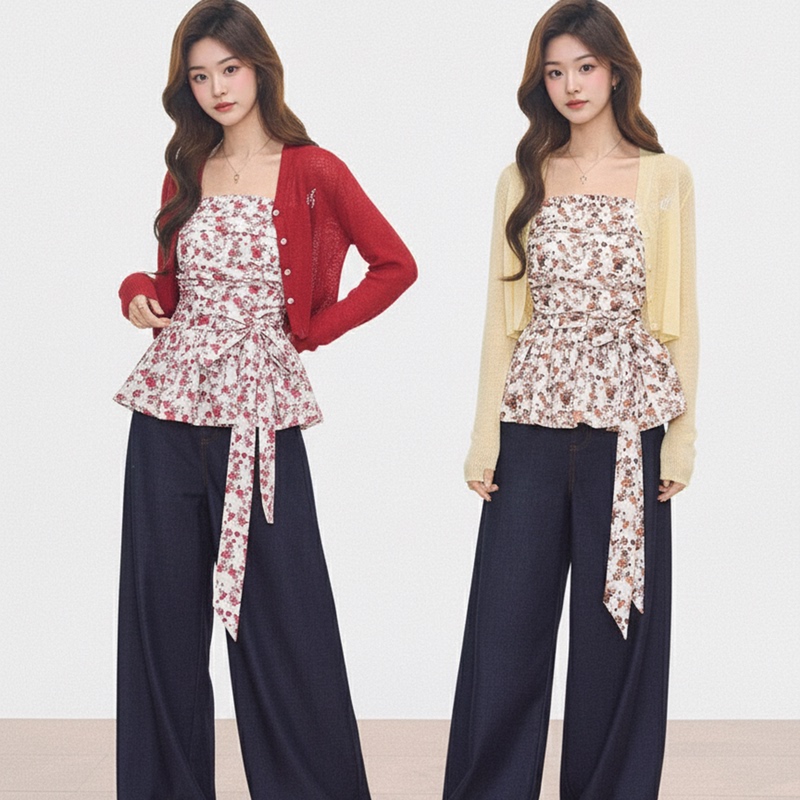 4.3 New Product Westayoone Sun Protection Cardigan Floral Suspender Skirt Top Wide-Leg Pants Early Summer Stunning Set Summer