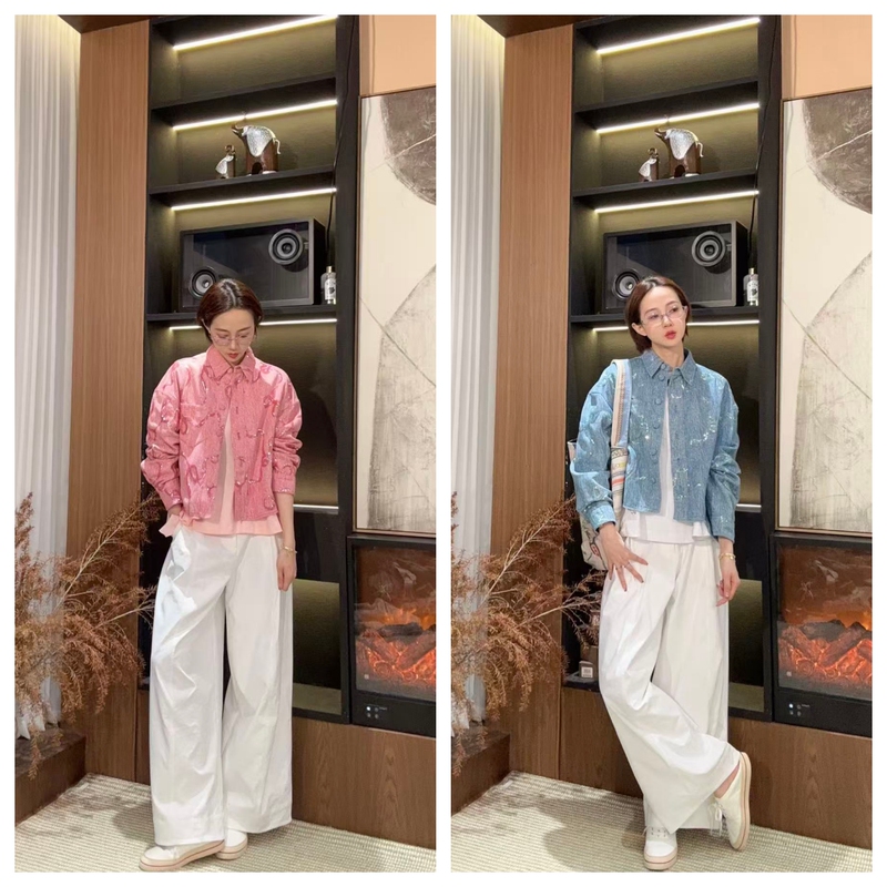 【柒柒】Ly26263 Heavy-Duty Bowknot Sequin Embroidered Denim Shirt
