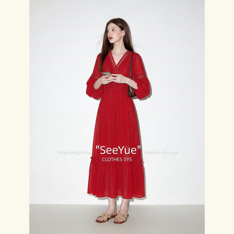 Bright Dopamine Red V-Neck Long-Sleeved Tie-Up Dress for Women 2026 New Style, Particularly Beautiful Waist-Cinching Mini Dress Bright Dopamine Red V-Neck Long-Sleeved Tie-Up Dress for Women 2026 New Style, Particularly Beautiful Waist-Cinching Mini Dress
