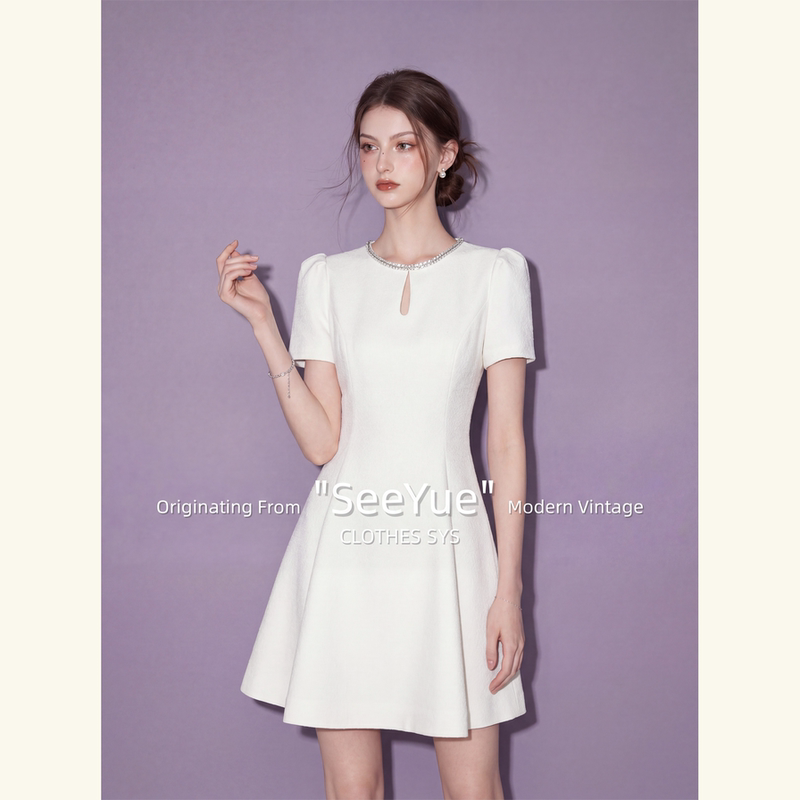 French-Style Heavy Beaded Collar A-Line Dress for Women 2026 New High-End Waist-Cinching Puff Sleeve White Dress French-Style Heavy Beaded Collar A-Line Dress for Women 2026 New High-End Waist-Cinching Puff Sleeve White Dress