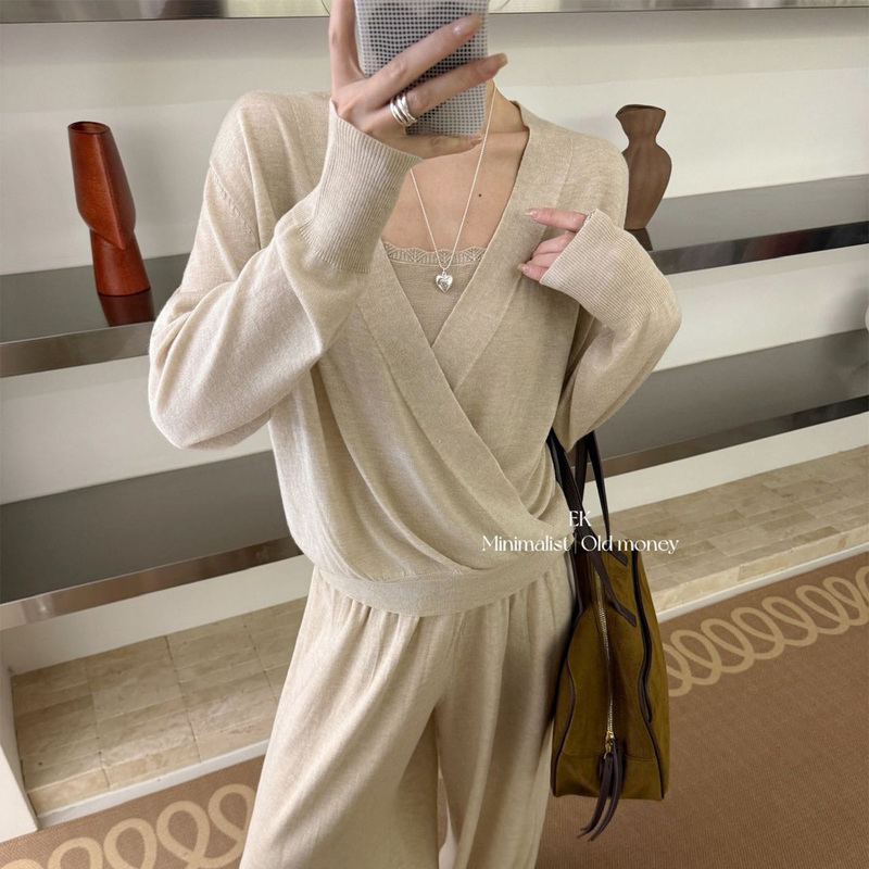 Relaxed and Cozy Overlapping Knit Sweater with V-Neck Wrap and Side Button Design, Loose and Lazy Style, Slimming Pullover Long-Sleeve Top Relaxed and Cozy Overlapping Knit Sweater with V-Neck Wrap and Side Button Design, Loose and Lazy Style, Slimming Pullover Long-Sleeve Top