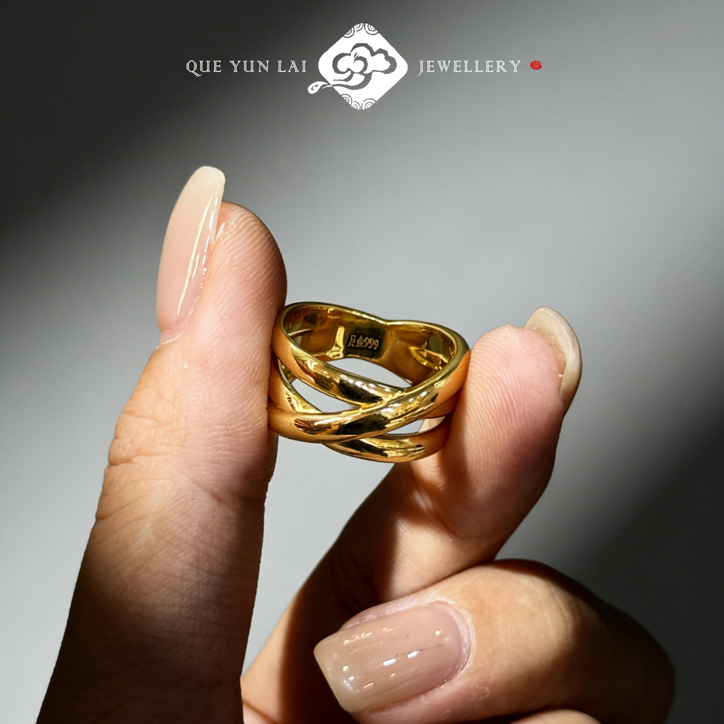 Queyunlai 999 Pure Gold Shiny Ring Gold Mirror Irregular Ring Fashion Personality Niche Ins Style