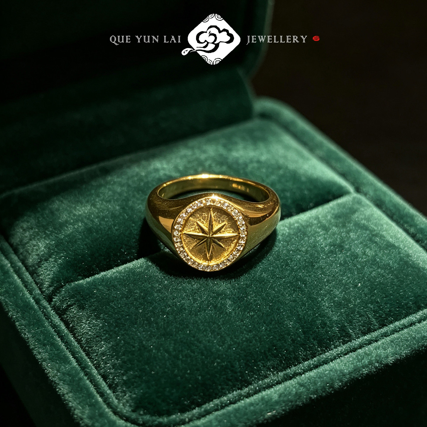 Queyunlai gold ring for women round brushed eight star seal 999 pure gold ring new Chinese style national trend