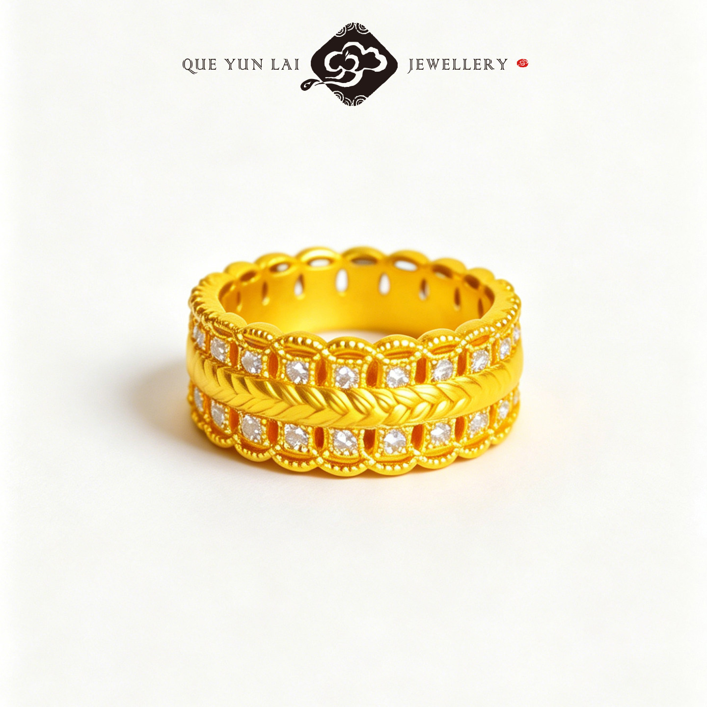 Queyunlai 999 pure gold dot diamond ring hollow gold woven star ring fashionable light luxury gift for girlfriend