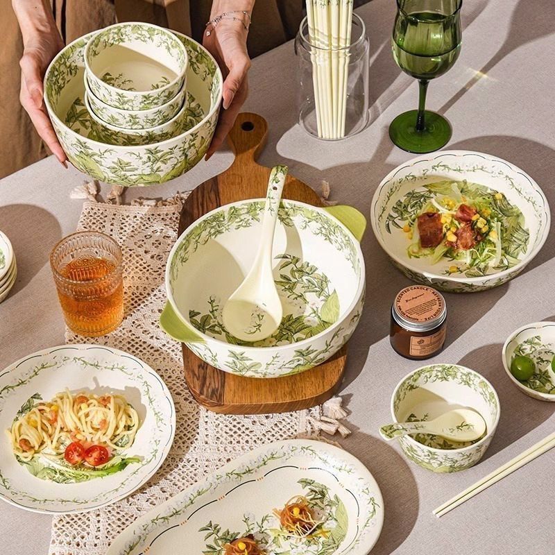 Happy Lily of the Valley Ceramic Tableware Set for Home Use: Rice Bowl, Flavor Plate, Dish Plate, Chopsticks, Soup Spoon, Glazed Ceramic in Green