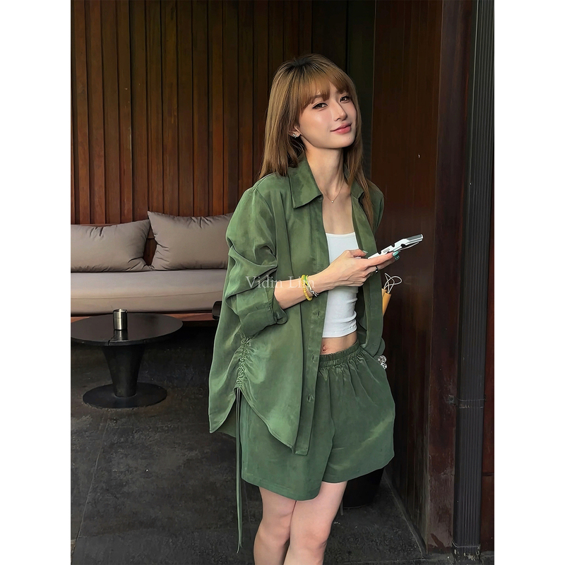 Vidin Lim Shrimp Green Forest Drawstring Summer Cupro Silk Mature Style Two-Piece Lazy Set Vidin Lim Shrimp Green Forest Drawstring Summer Cupro Silk Mature Style Two-Piece Lazy Set