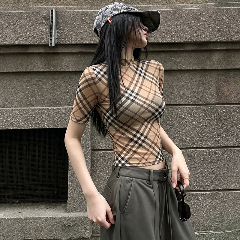 Dflai Retro Plaid Short-Sleeved T-Shirt for Women, New Summer Style, Design-Inspired Plaid Waist-Cinching Sleeveless Vest, Inner Layer Top