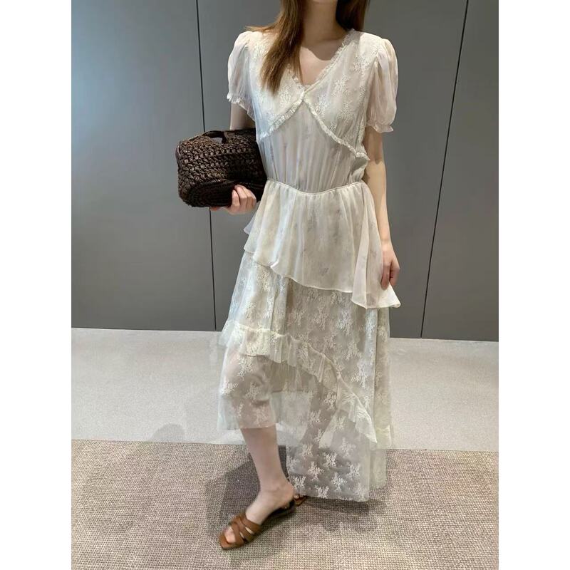 6.17Kms Heavy-Duty Double-Layer Lace Splicing Design Elastic Waist Short-Sleeve Dress