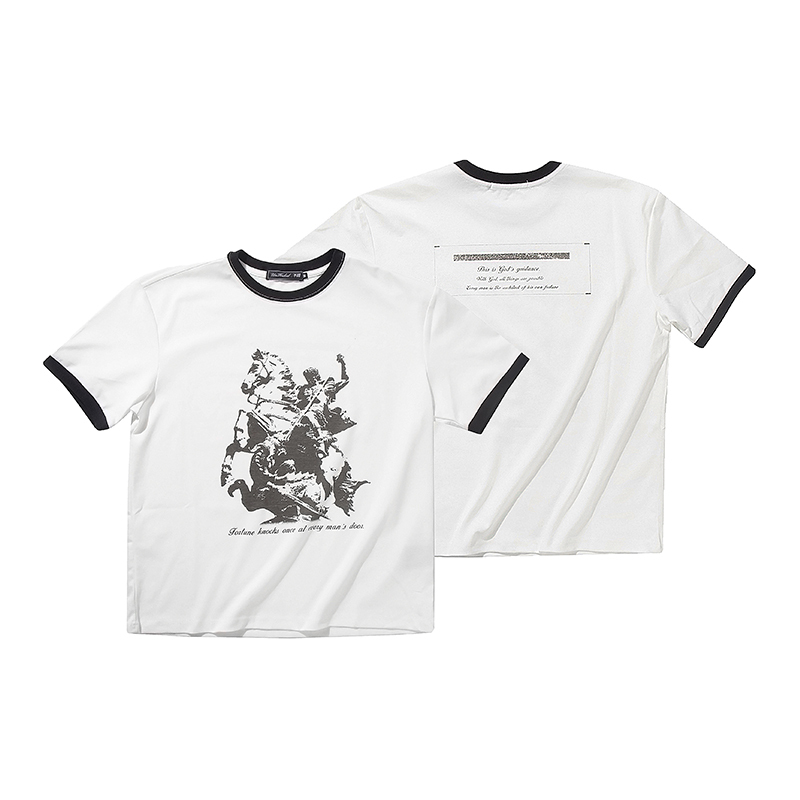 26Ss [War Horse Rider] Black and White Contrasting Color Patchwork Short-Sleeved Ribbed Retro Printed Slub Cotton T-Shirt