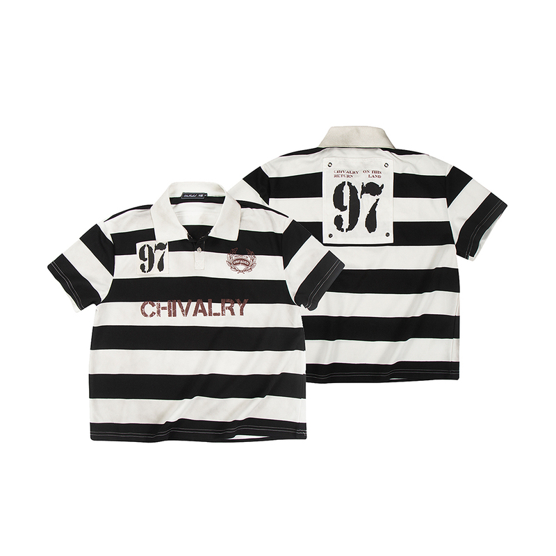 26Ss Original [Black Rider Stripe] American Street Style Patchwork Distressed Dirty-Dyed Polo Short Wide Short-Sleeve T-Shirt Trendy