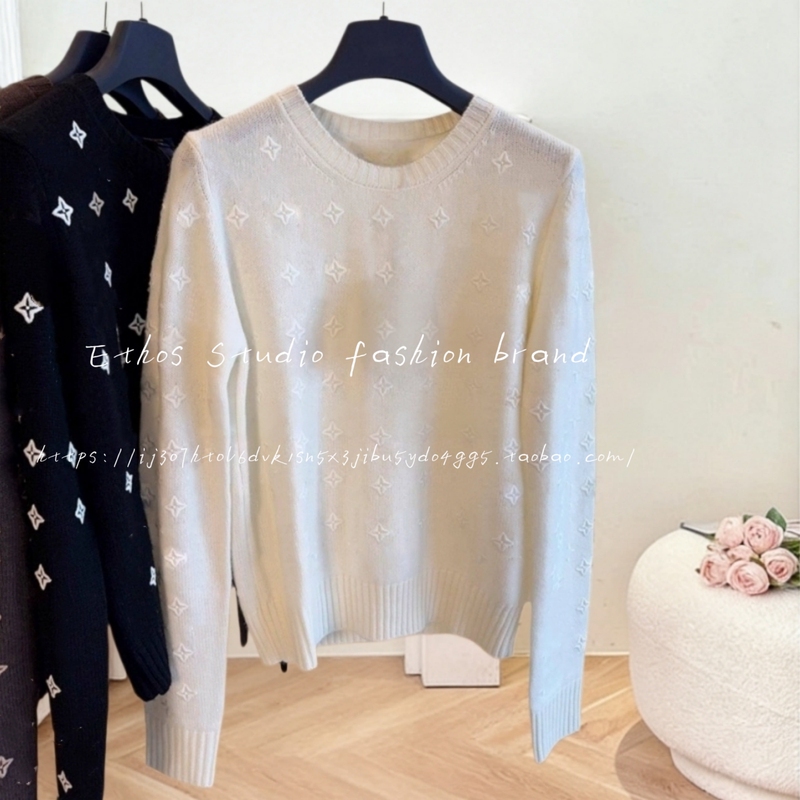 Non-Market Goods~Shenzhen Nanyou High-End European-Style Women's White Letter Jacquard Wool Crew Neck Knitted Sweater Top