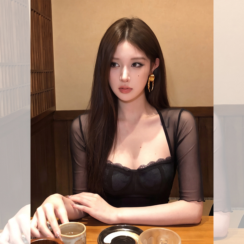 Sweet and Spicy Black Mesh Lace Long-Sleeved T-Shirt for Women, Autumn Single-Wear, Petite, Sexy Design, Small Shirt Top Sweet and Spicy Black Mesh Lace Long-Sleeved T-Shirt for Women, Autumn Single-Wear, Petite, Sexy Design, Small Shirt Top