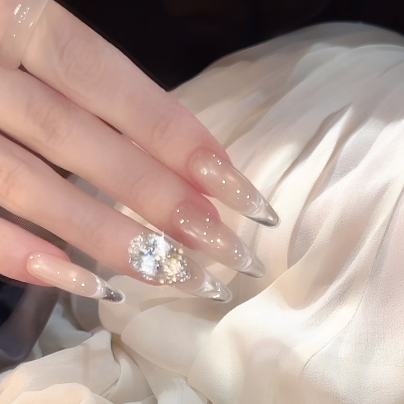 Grandma Kua's Large Ice Cube 2026 Summer Ice-Clear French-Style Millennium Water Drop Diamond Mid-Length Handmade Wearable Nails Grandma Kua's Large Ice Cube 2026 Summer Ice-Clear French-Style Millennium Water Drop Diamond Mid-Length Handmade Wearable Nails