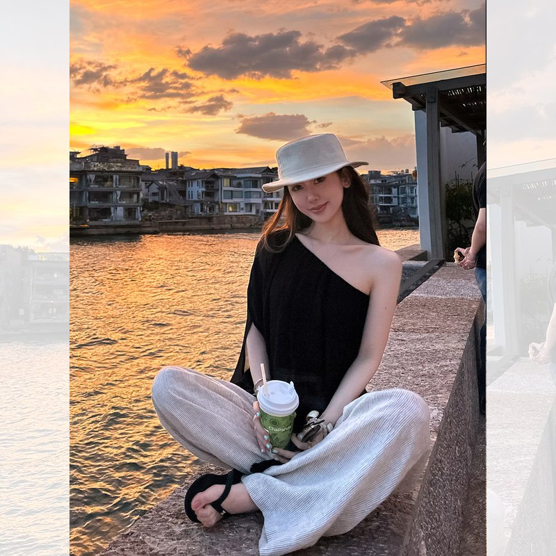 Qinnlab Rayon Crinkled One-Shoulder Faux Two-Piece Top Cozy Two-Tone Slimming Loose Irregular Cover-Up Shirt