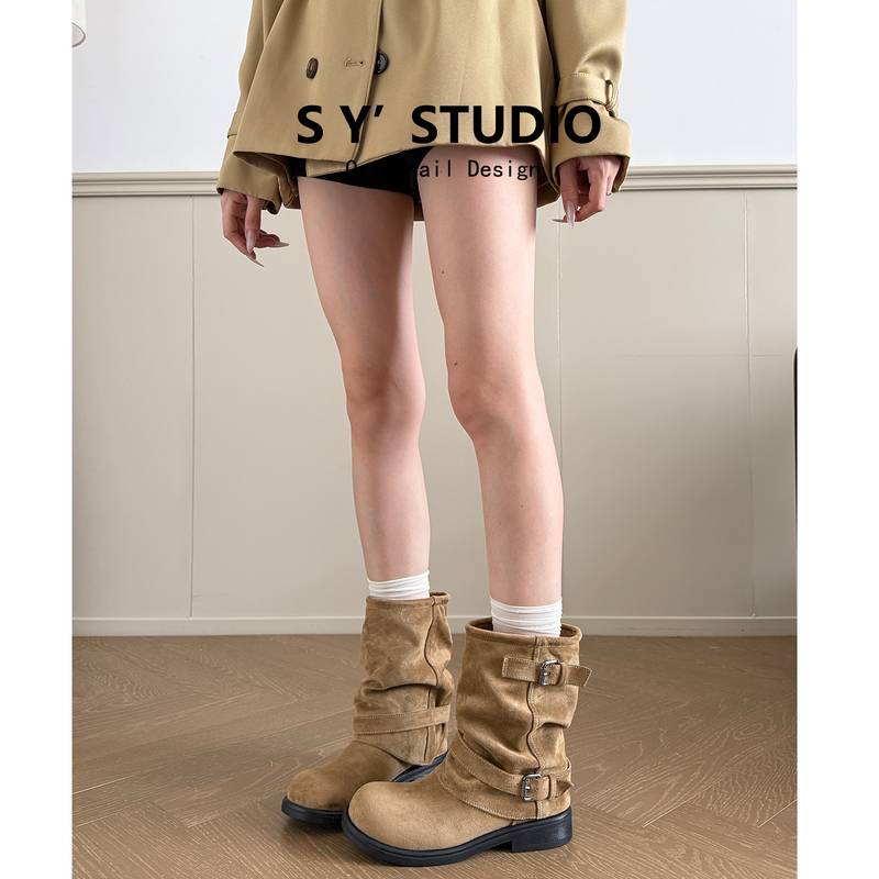 Inner Height-Increasing Pleated Boot Cuffs Short Boots for Women 2026 New Autumn and Winter Retro Western Cowboy Knight Martin Boots