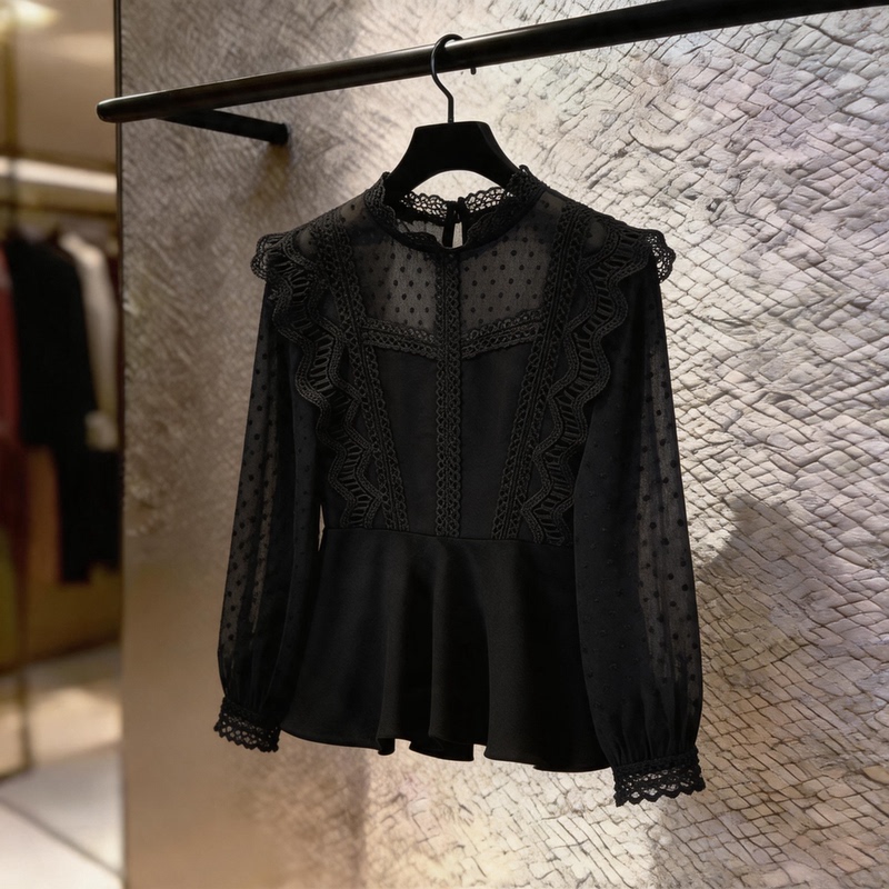 2026 Long-Sleeve Black Lace Hollow-Out Loose Versatile Stylish Slimming Shirt for Women in Large Sizes for Spring and Autumn