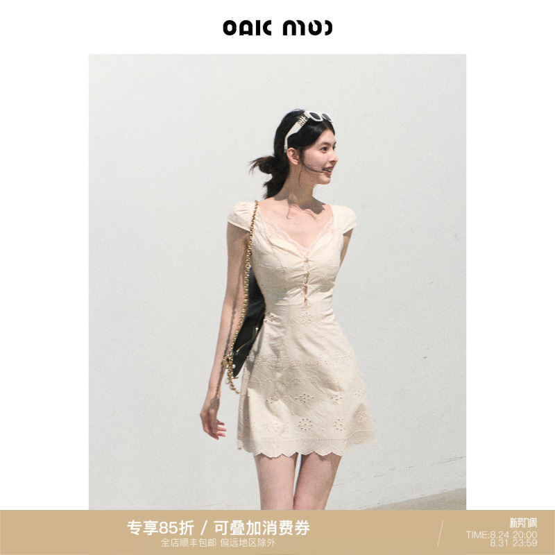 Oakmoo/ "Time of Excitement" French Retro Lace Patchwork Waist-Cinching Dress, High-Waisted Slim-Fit Dress Oakmoo/ "Time of Excitement" French Retro Lace Patchwork Waist-Cinching Dress, High-Waisted Slim-Fit Dress