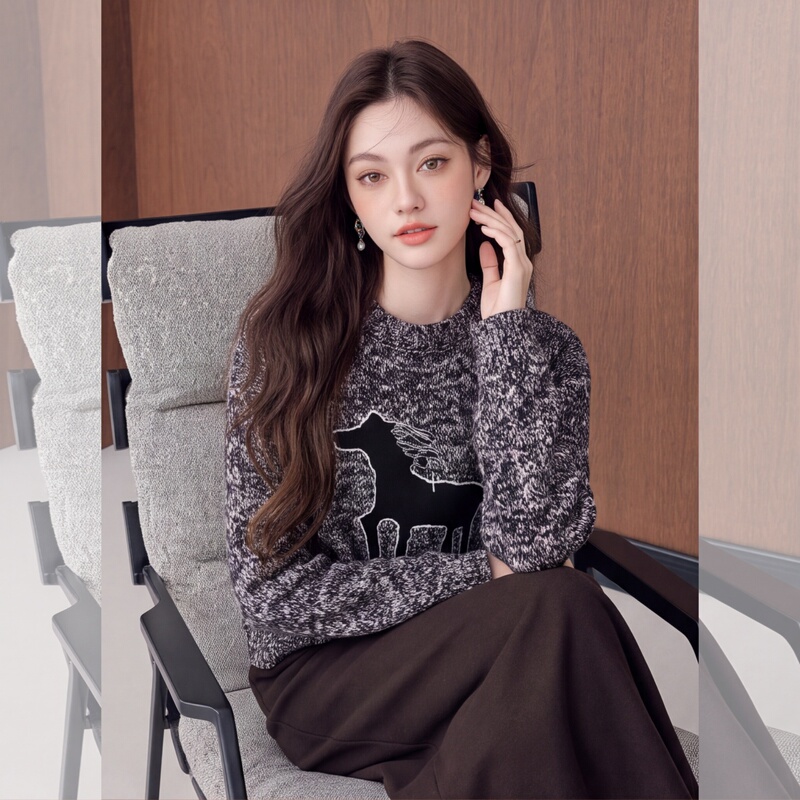 Black and White Spotted Unicorn Appliqué Embroidered Round Neck Sweater for Women, 2026 Autumn and Winter New Design, Slimming and Versatile Top Black and White Spotted Unicorn Appliqué Embroidered Round Neck Sweater for Women, 2026 Autumn and Winter New Design, Slimming and Versatile Top
