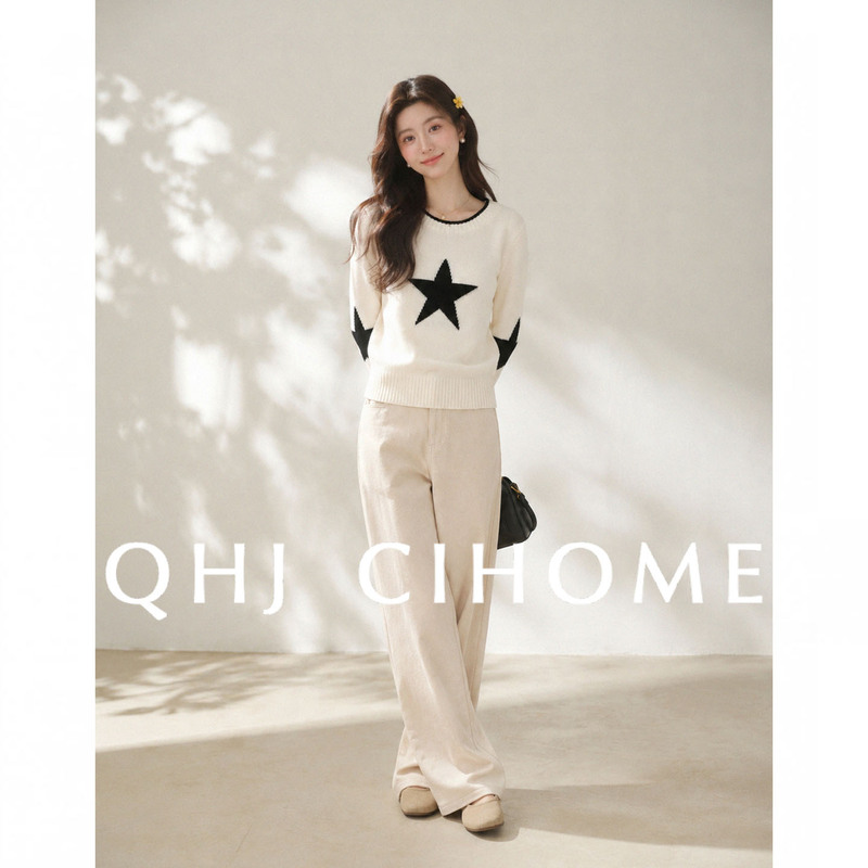 White Round Neck Knitted Sweater for Women, New Autumn and Winter Style, Loose Fit, Slimming, Casual Top