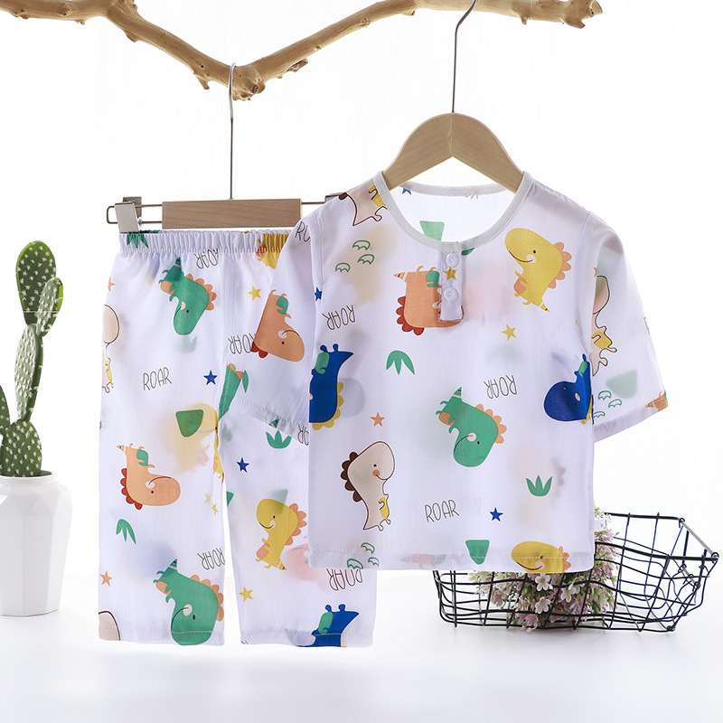 Good Luck Children's Clothing Dinosaur Print Homewear Set Summer Thin Cotton Pajamas for Boys and Girls Air Conditioning Clothing