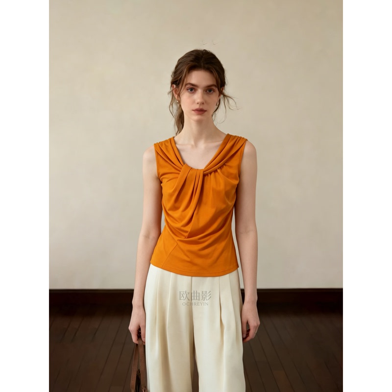 High-End Original V-Neck Twist Sleeveless Design Orange Vest for Women, New Summer Slim-Fit Pullover Top