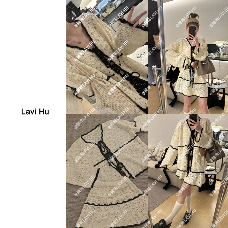 Lavi Hu【Cloud Poetry】Gentle Style Contrasting Color Hollow-Out Versatile Long-Sleeve Knitted Cardigan Dress K185 Lavi Hu【Cloud Poetry】Gentle Style Contrasting Color Hollow-Out Versatile Long-Sleeve Knitted Cardigan Dress K185