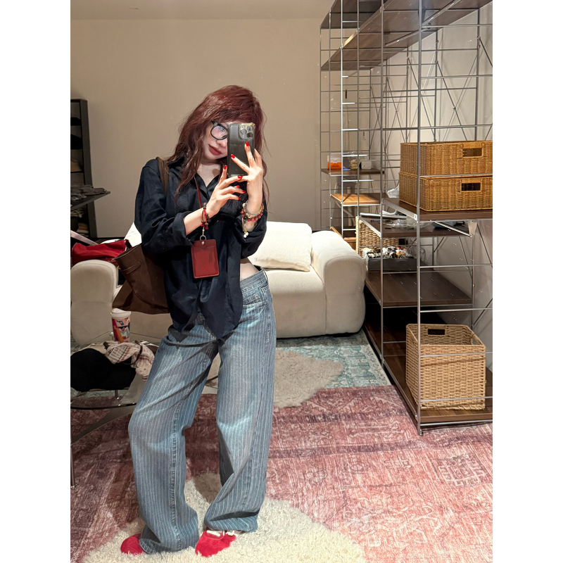 Two Hundred Million Blue Vintage Washed Striped Low-Rise Jeans for Women, Summer Loose Straight Wide-Leg Pants Two Hundred Million Blue Vintage Washed Striped Low-Rise Jeans for Women, Summer Loose Straight Wide-Leg Pants