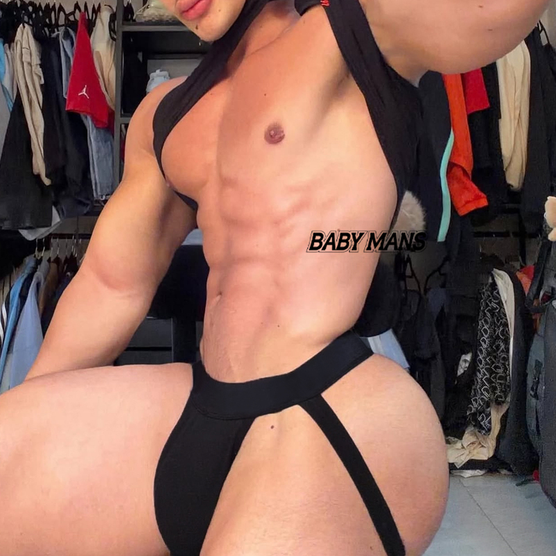 2-Pack of Sexy Men's Thongs for Bed Wear, Muscle Men Double Thong with Open Back, No Need to Take Off, Sports Fitness Underwear