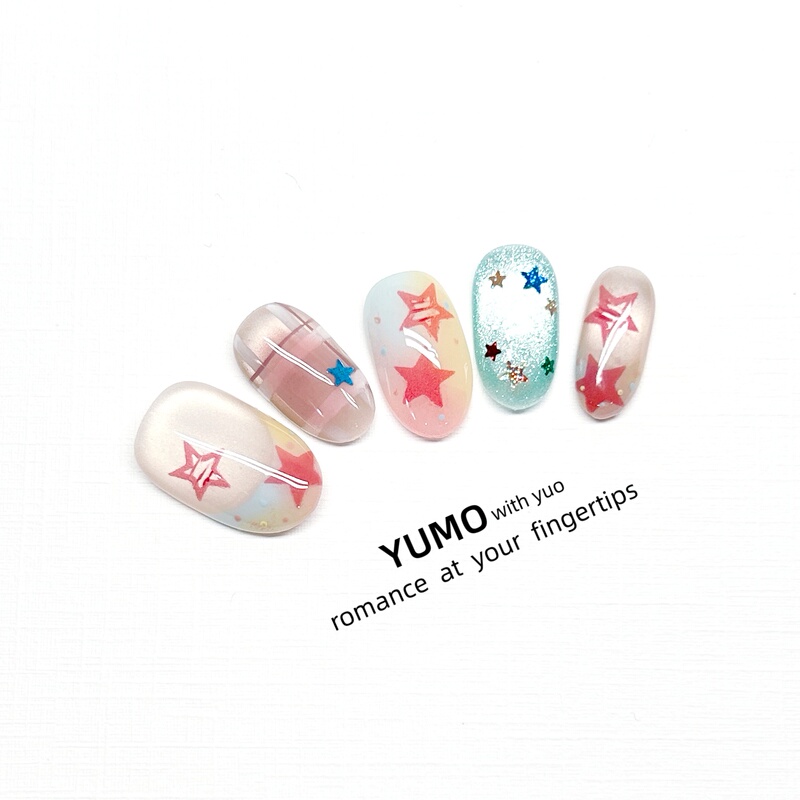 Yumo Handmade Nail Art Wearable Nail Patches Korean Style Niche Design Star Dopamine Short Style High-End Girly Style
