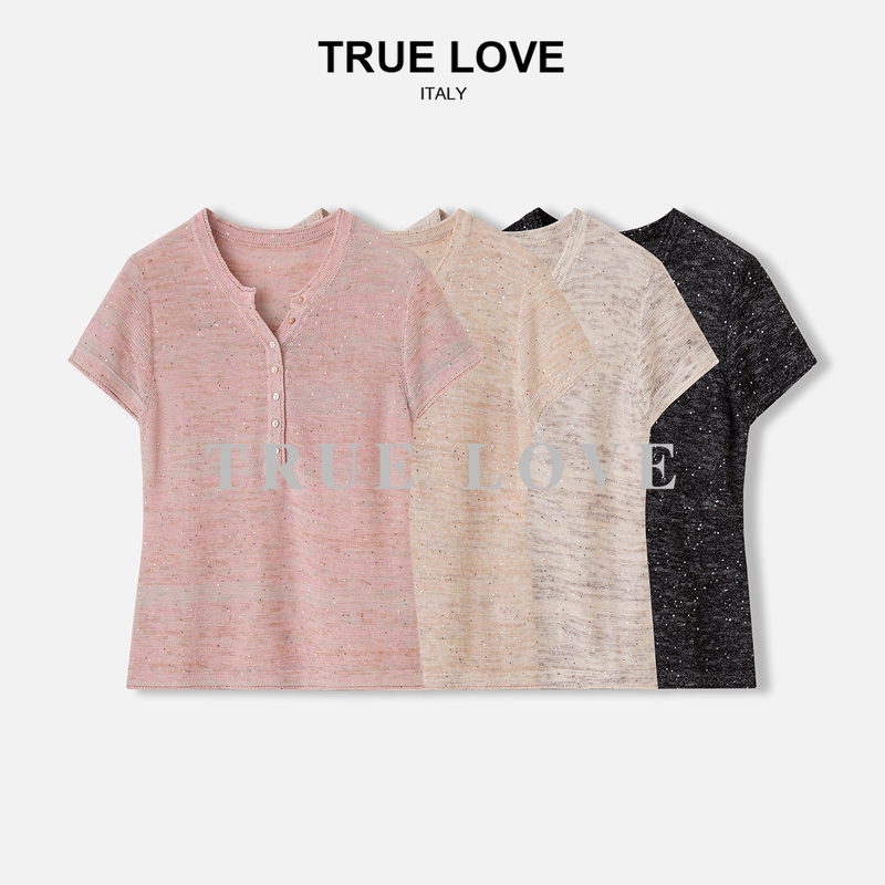 【True Love】Bright Color-Blocked French Linen Blend Henry Collar Short-Sleeve Knit Top Td1K4221561G