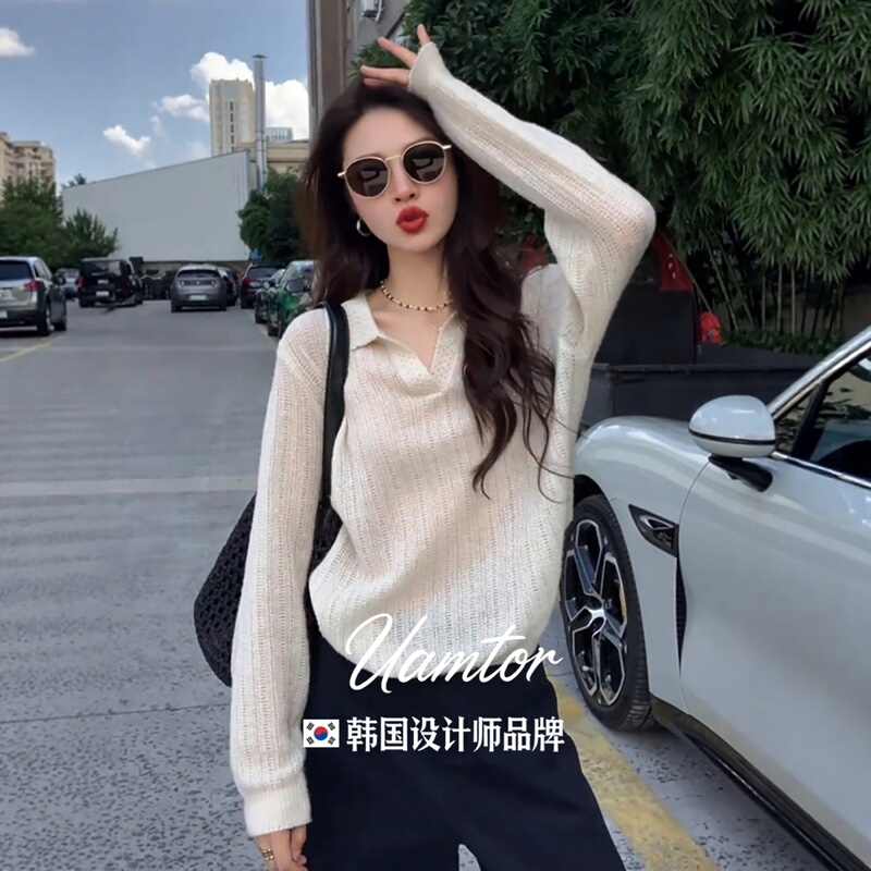 Korean Uamtor Old Money Style Hollow-Out Polo Collar Knit Sweater for Women, Early Autumn Lazy Style Turn-Down Collar Inner Top