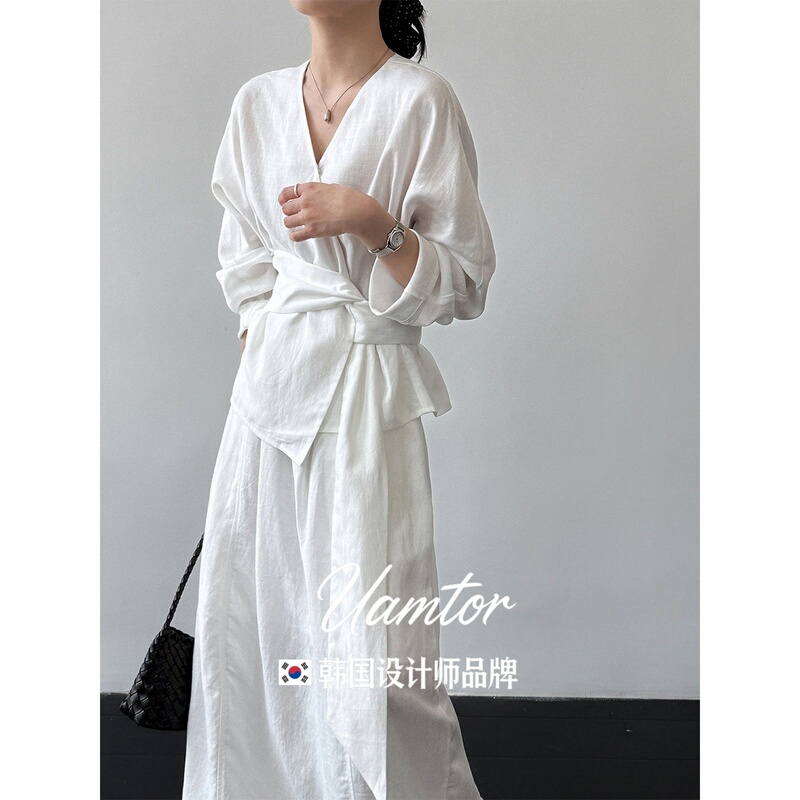 Korean Uamtor Old Money Style Lace-Up Shirt and Skirt Set for Women, Early Autumn Pure White Moonlight Outfit Two-Piece Set Korean Uamtor Old Money Style Lace-Up Shirt and Skirt Set for Women, Early Autumn Pure White Moonlight Outfit Two-Piece Set