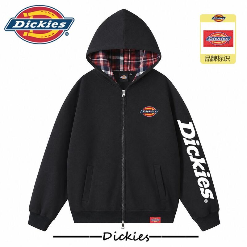 Dickies American High Street Style Hooded Letter Print Cardigan Plaid Men's Sweatshirt Heavyweight Couple's Jacket Top Clothing