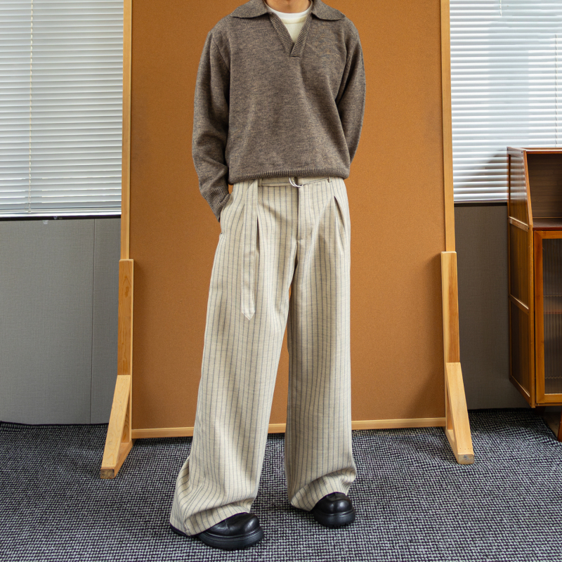 Hidden Old Money Style Striped Men's Trousers, Draped Wide-Leg Pants, Autumn/Winter Loose High-End Relaxed Casual Long Pants