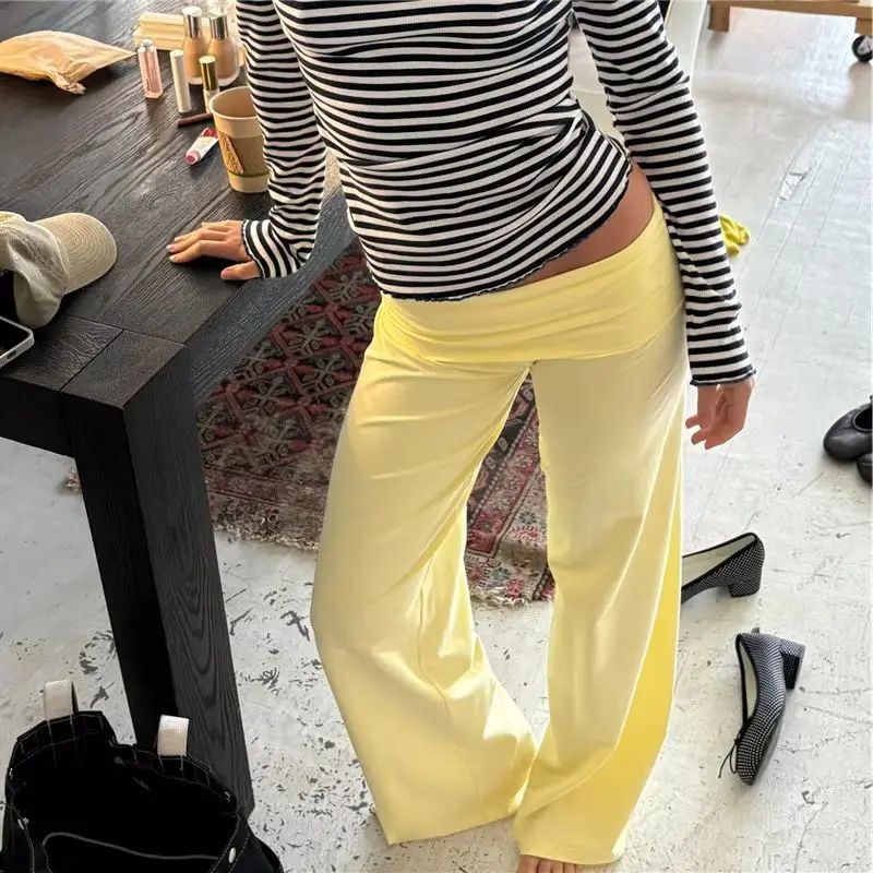Women Wide Leg Pants Solid Color Fold Over Waist Casual Trou Women Wide Leg Pants Solid Color Fold Over Waist Casual Trou