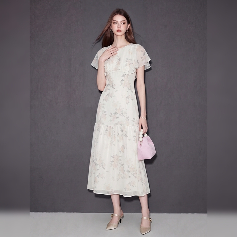 Xindan Lotus Leaf Sleeve Thin Floral Dress Spring and Summer Psychedelic Gradient Romantic Vacation Waist-Cinching Elegant Short-Sleeved Dress Xindan Lotus Leaf Sleeve Thin Floral Dress Spring and Summer Psychedelic Gradient Romantic Vacation Waist-Cinching Elegant Short-Sleeved Dress