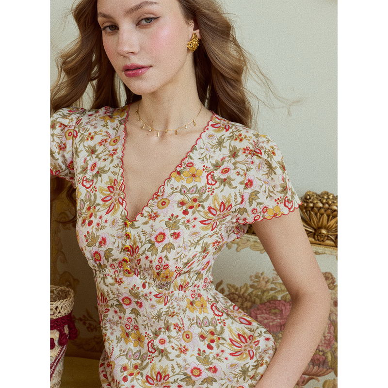 Lorina Storia Rosa Workshop Original Summer Retro Bias-Cut Rayon Beaded Waist-Cinching Printed Dress