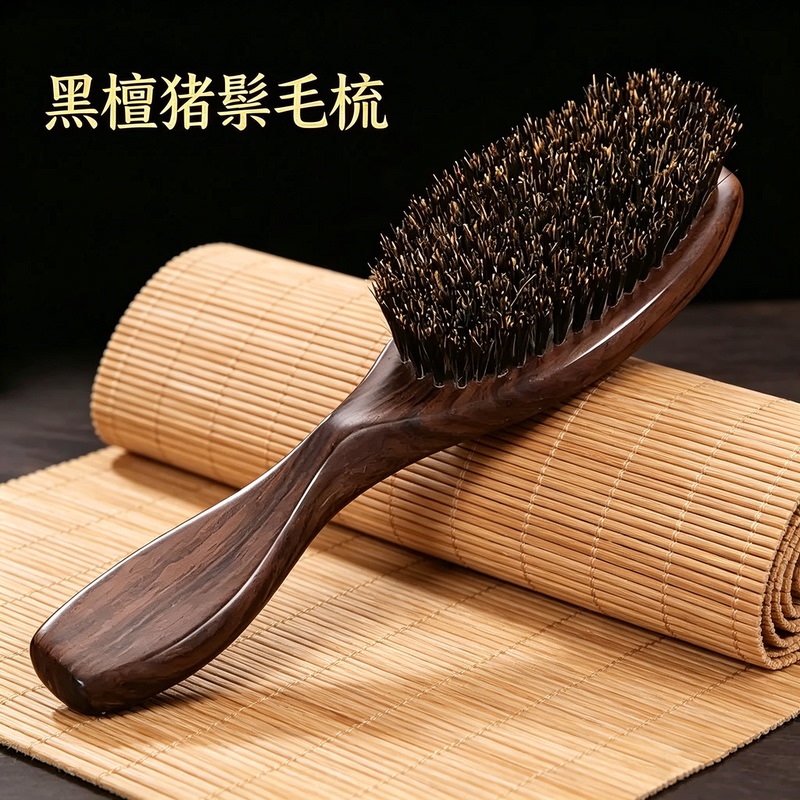 Tan Muqianjiang Black Sandalwood Pig Bristle Comb, Natural Green Sandalwood Comb for Men and Women, Hair Smoothing and Straightening, Head Massage Comb